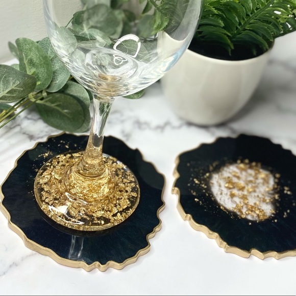 Black and Gold Geode Coasters | Set of 2 Coasters - Picture 6 of 9